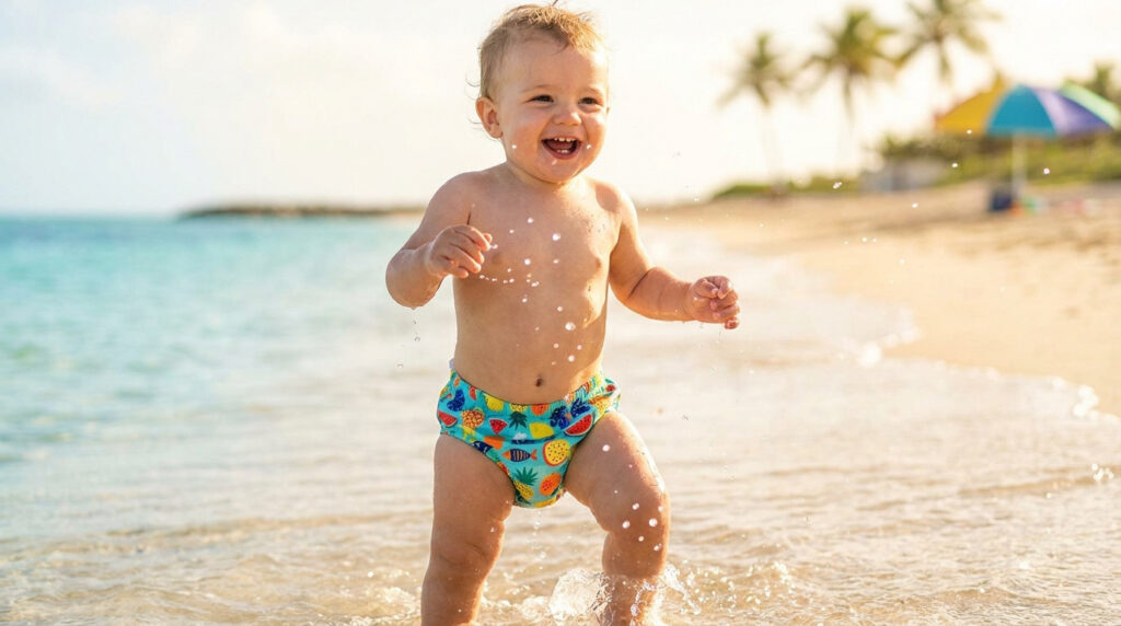 Un bébé joyeux portant une couche piscine à motifs colorés marche dans l'eau au bord d'une plage tropicale.