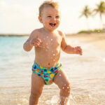 Un bébé joyeux portant une couche piscine à motifs colorés marche dans l'eau au bord d'une plage tropicale.