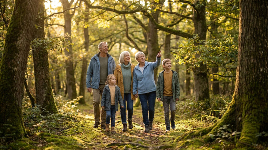 Famille multigénérationnelle marchant dans une forêt ensoleillée en automne.