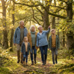 Famille multigénérationnelle marchant dans une forêt ensoleillée en automne.