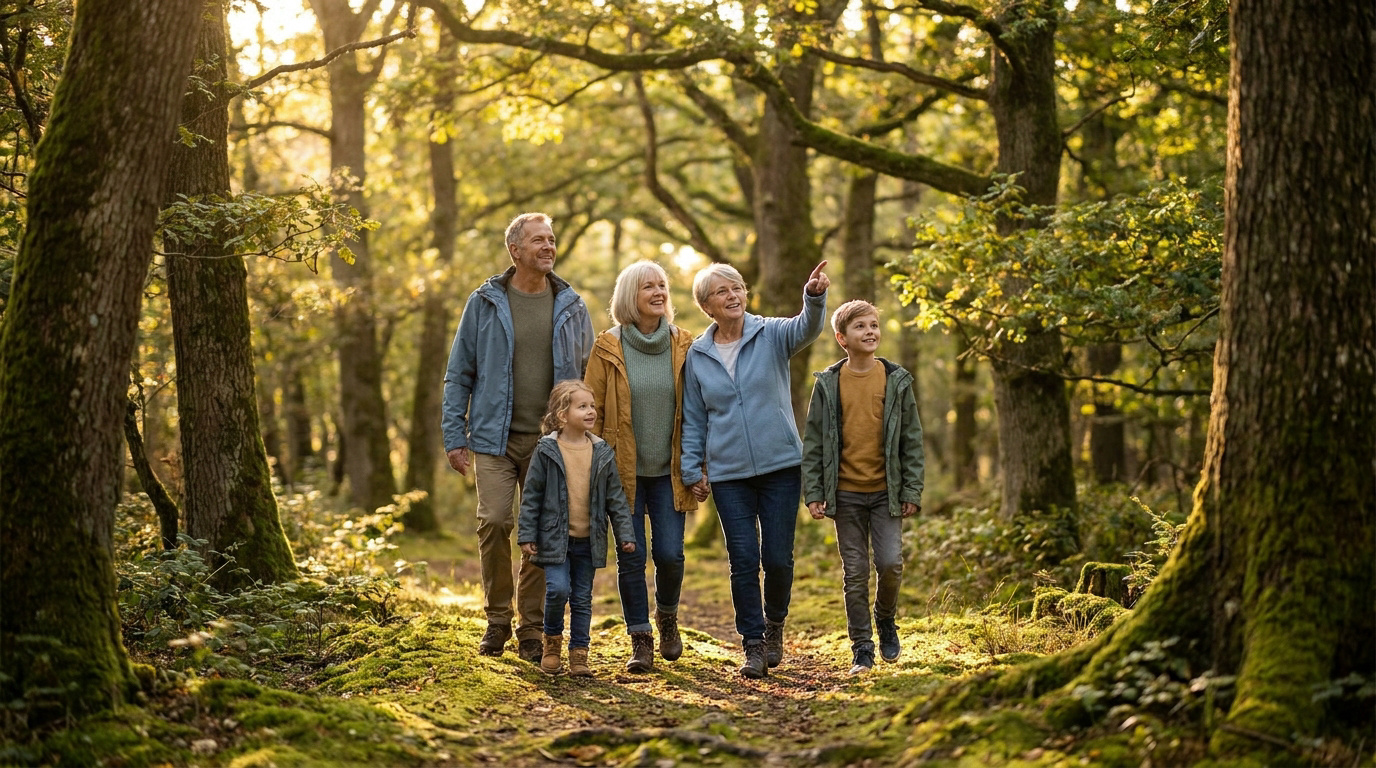 Famille multigénérationnelle marchant dans une forêt ensoleillée en automne.
