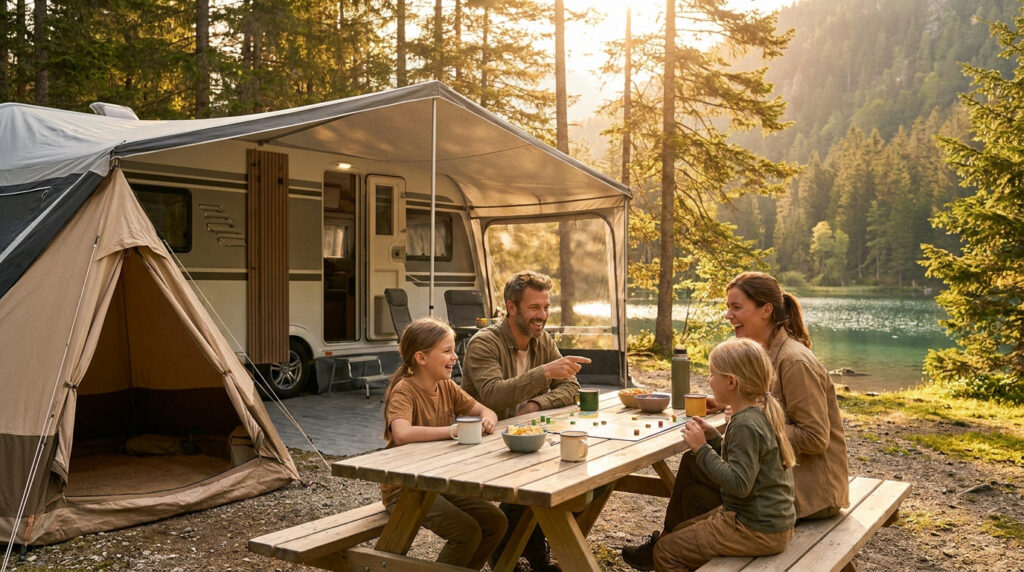 Famille heureuse jouant à un jeu de société devant une caravane près d'un lac au coucher du soleil.