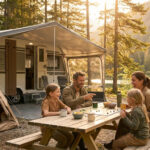 Famille heureuse jouant à un jeu de société devant une caravane près d'un lac au coucher du soleil.