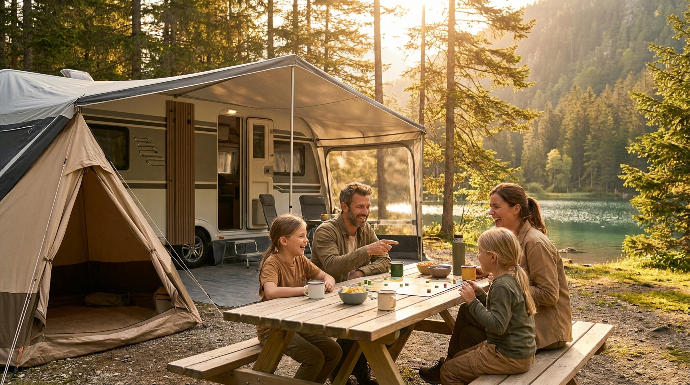 Famille heureuse jouant à un jeu de société devant une caravane près d'un lac au coucher du soleil.