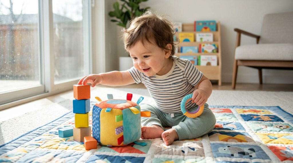 Un bébé souriant joue avec des cubes colorés sur un tapis d'éveil dans une chambre lumineuse.
