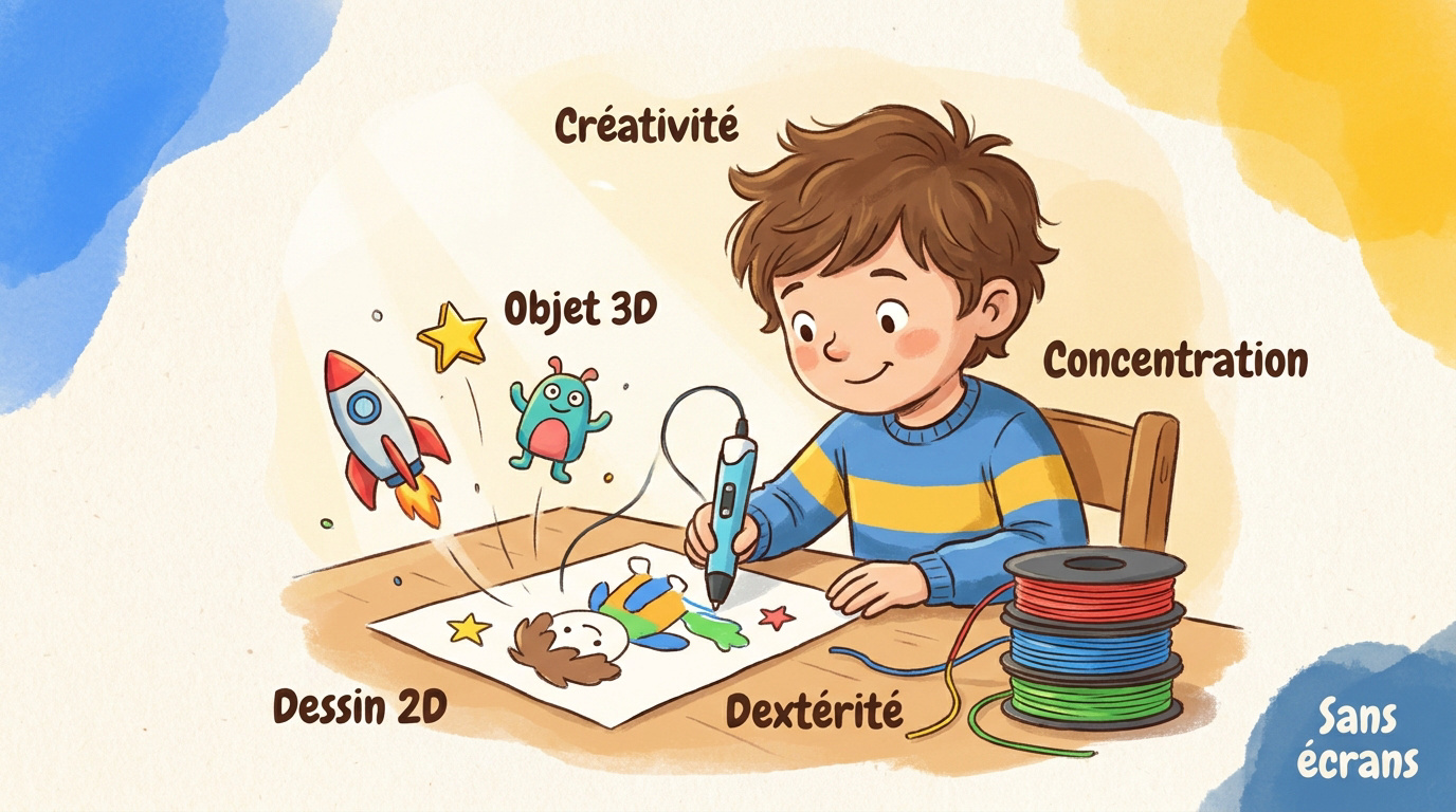 Enfant concentré utilisant un stylo 3D pour créer une figurine colorée