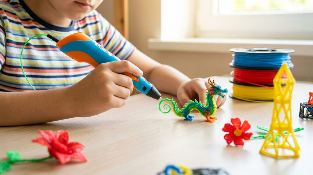 Un enfant utilise un stylo 3D bleu et orange pour fabriquer une figurine de dragon colorée sur une table en bois.
